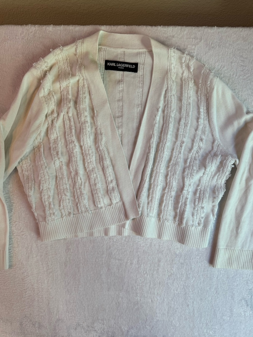 Karl Lagerfeld Paris Ivory Fringe Column Open Cardigan S